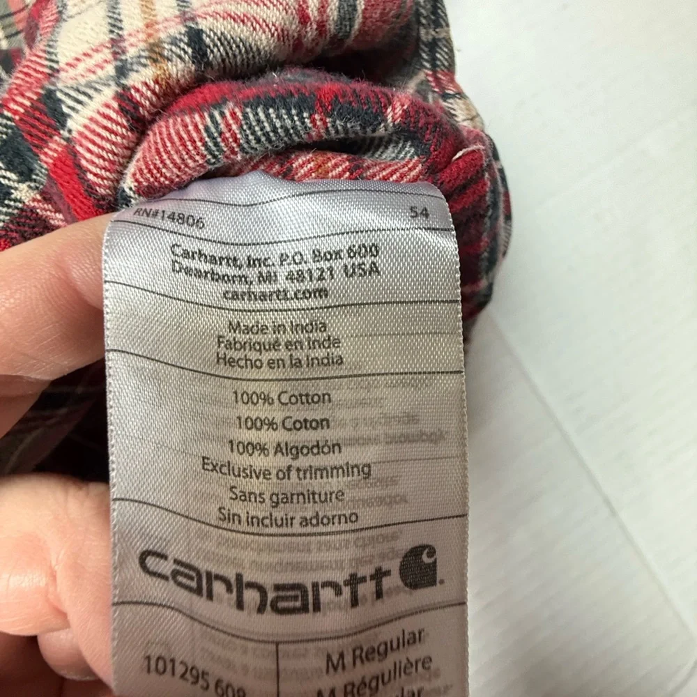 Carhartt Mens Medium Flannel Long Sleeve Shirt Plaid Red 100% Cotton Button Down